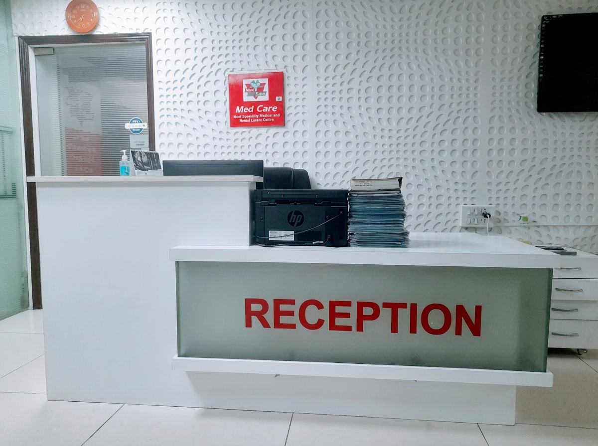 Reception desk at Med Care Multispeciality Centre, Main Ramphal Chowk Road, Dwarka